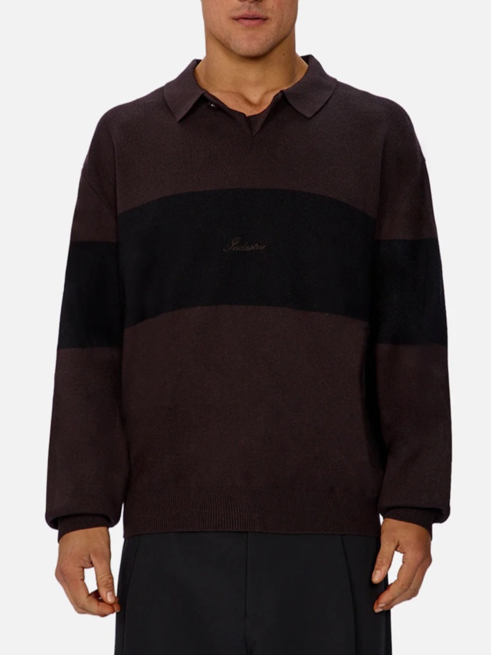 Industrie Clothing Men's Brown Crewneck Sweater with Black Stripe